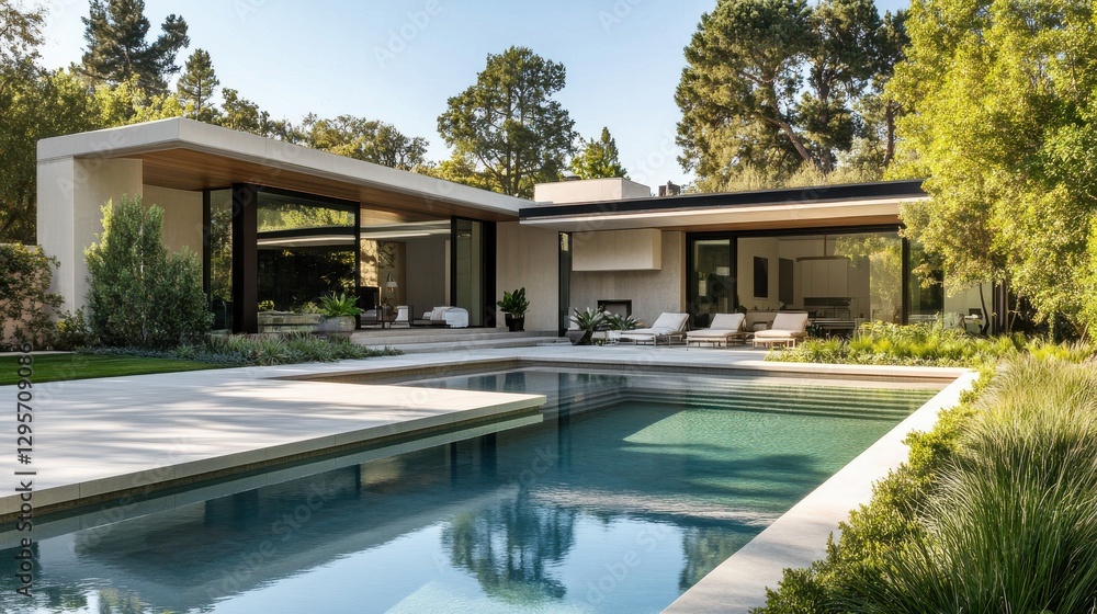 Obraz premium Landscape architecture of a contemporary home with a sleek pool, modern planters, and low-maintenance greenery, blending indoor and outdoor living.