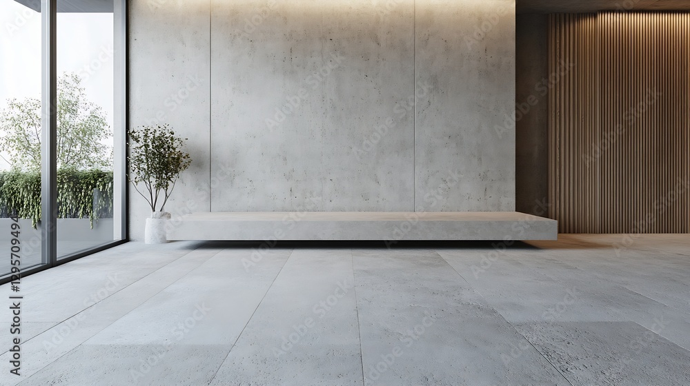 Obraz premium Minimalist interior with concrete wall and sleek bench creating a serene modern space for relaxation : Generative AI
