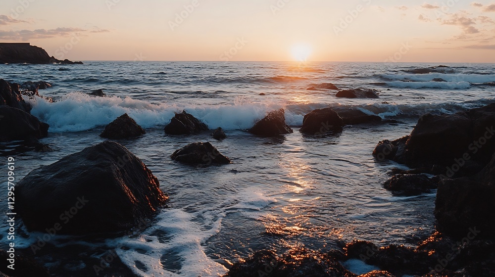 Obraz premium Idyllic Sunset Over the Ocean Waves and Rocky Shoreline : Generative AI