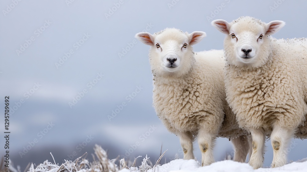 Fototapeta premium Two adorable fluffy sheep standing together in a snowy field on a chilly winter day : Generative AI