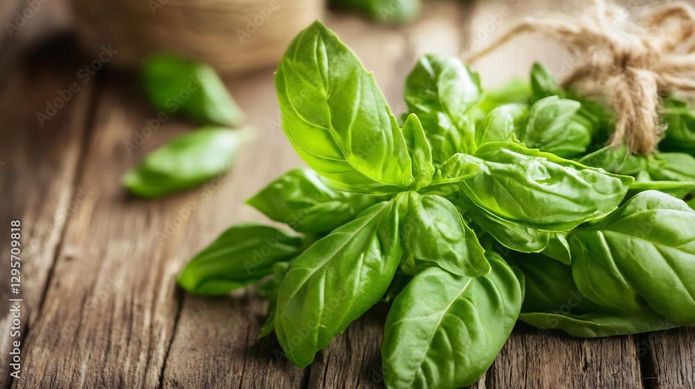 Lush green basil leaves tied with twine on a wooden table : Generative AI Lush green basil leaves tied with twine on a wooden table : Generative AI