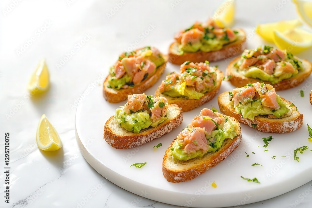 Minimalistic presentation of mini toasts on a sleek white marble plate, topped with mashed avocado, chunks of canned tuna, and a splash of lemon juice. The clean lines and vibrant colors stand out. Minimalistic presentation of mini toasts on a sleek white marble plate, topped with mashed avocado, chunks of canned tuna, and a splash of lemon juice. The clean lines and vibrant colors stand out.