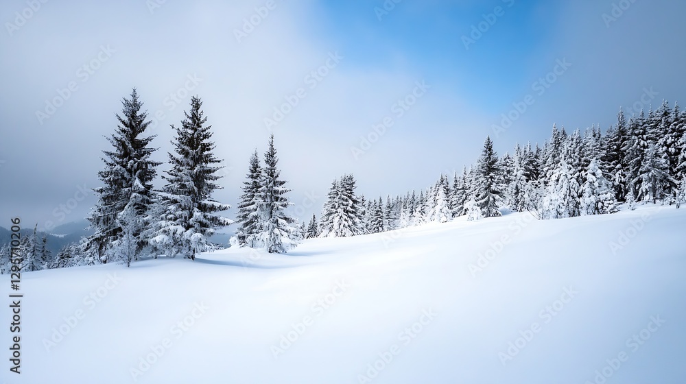 Winter wonderland scene with snowcovered trees and a blue sky in a peaceful atmosphere : Generative AI Winter wonderland scene with snowcovered trees and a blue sky in a peaceful atmosphere : Generative AI