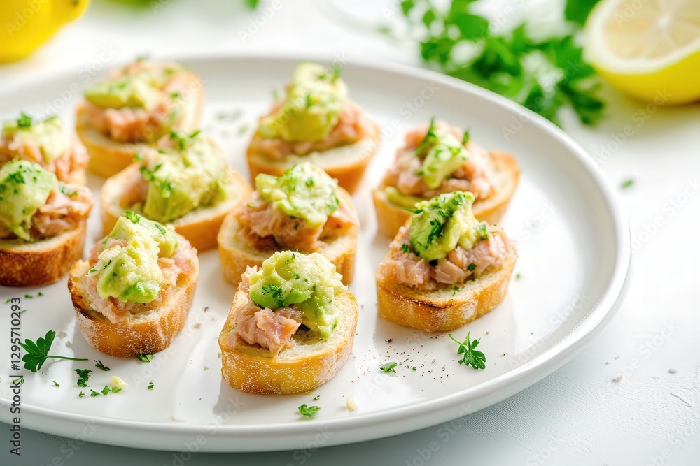 Delicate presentation of mini toasts with mashed avocado, flaky tuna, and lemon juice on a white ceramic plate. Soft, diffused natural light creates a serene and inviting atmosphere. Delicate presentation of mini toasts with mashed avocado, flaky tuna, and lemon juice on a white ceramic plate. Soft, diffused natural light creates a serene and inviting atmosphere.
