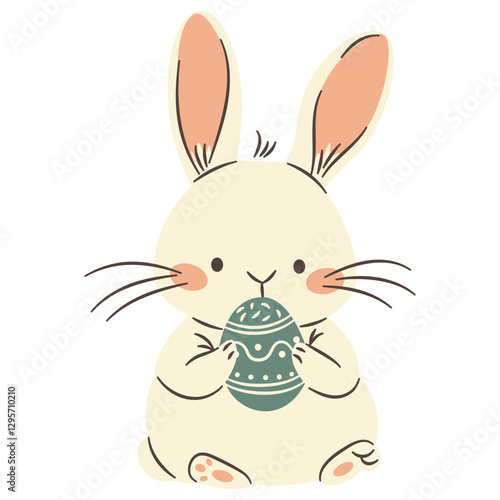 Flat vector illustration in a simple children's style. Cute Easter white bunny holding an Easter egg . Vector illustration