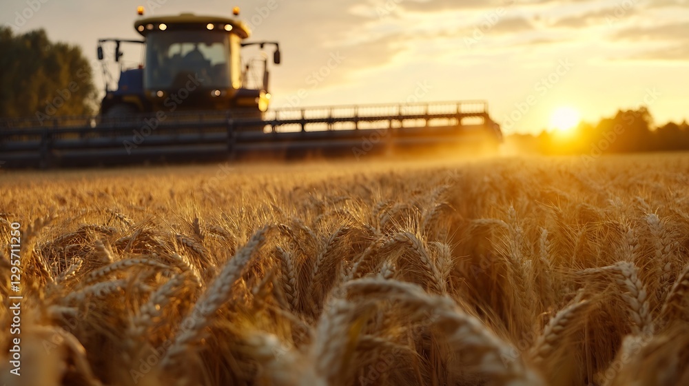 Fototapeta premium Harvesting Wheat in Golden Fields at Sunset with Tractor Making Dust Clouds : Generative AI