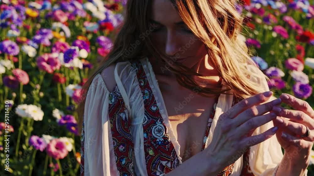A woman in a flowy dress enjoys the beauty of a vibrant flower field, twirling amidst the colorful blooms on a sunny day. The setting radiates joy and nature’s splendor. A woman in a flowy dress enjoys the beauty of a vibrant flower field, twirling amidst the colorful blooms on a sunny day. The setting radiates joy and nature’s splendor.