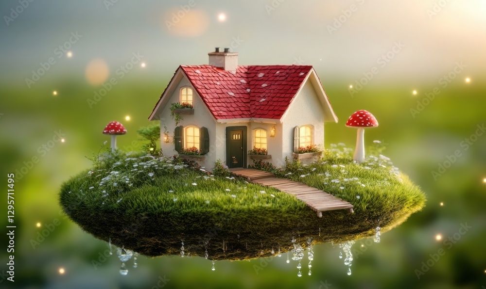Tiny house on floating island with mushrooms, idyllic dream home Tiny house on floating island with mushrooms, idyllic dream home