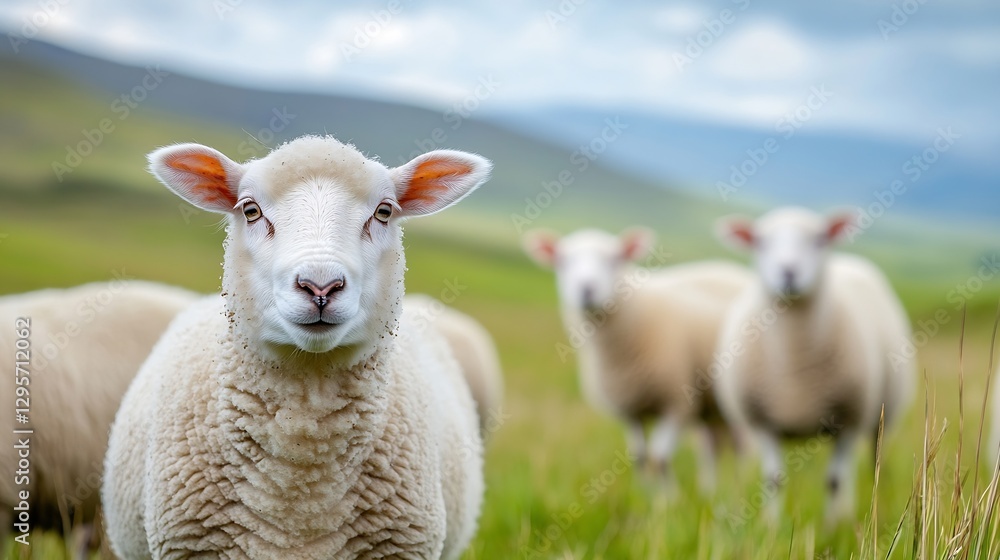 Cute Sheep Grazing in a Lush Green Field Under a Clear Sky with Rolling Hills in the Background : Generative AI Cute Sheep Grazing in a Lush Green Field Under a Clear Sky with Rolling Hills in the Background : Generative AI