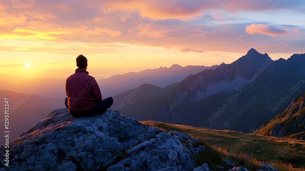 Fototapeta premium Serene sunset view with man meditating on rock overlooking majestic mountains and valleys : Generative AI