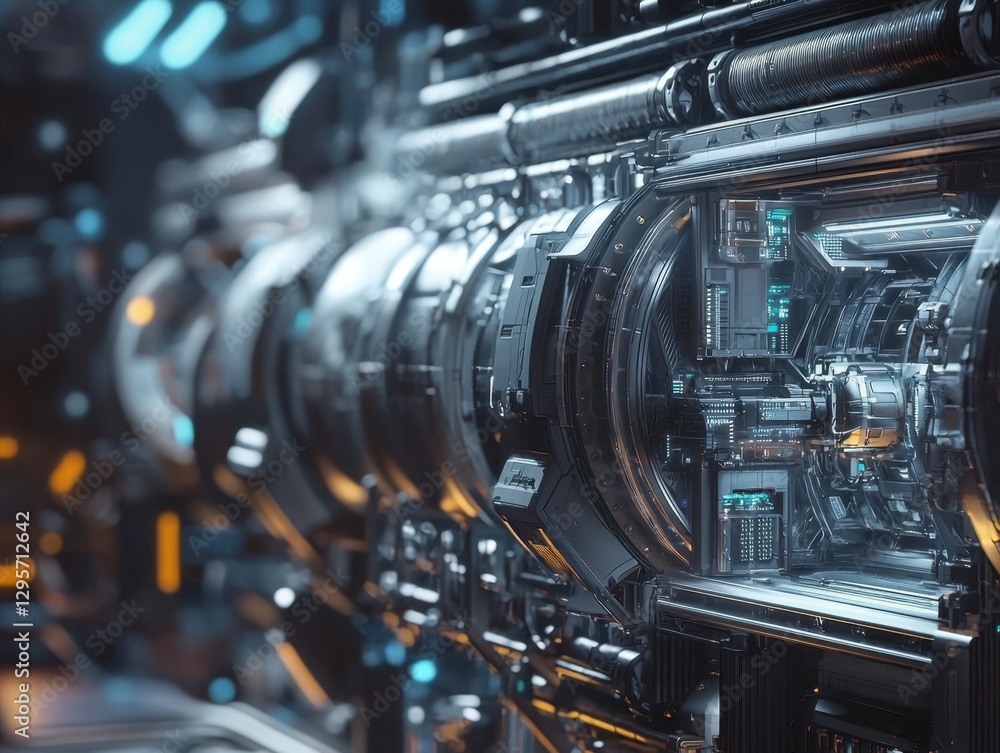 Fototapeta premium Extravagant space corridor with high-tech metallic and gold mechanical details