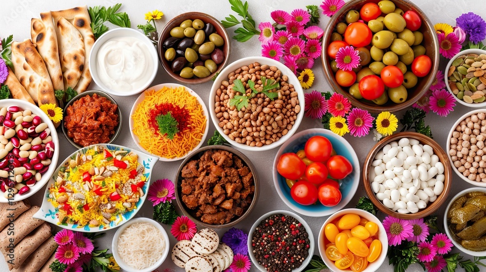 Beautifully Arranged Suhoor Table Filled With Traditional Foods and Drinks Creating a Festive Atmosphere Before Dawn During Ramadan Beautifully Arranged Suhoor Table Filled With Traditional Foods and Drinks Creating a Festive Atmosphere Before Dawn During Ramadan