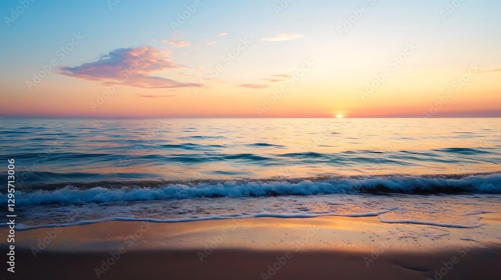 Fototapeta premium Breathtaking sunset over calm ocean waves creating a serene beach atmosphere : Generative AI