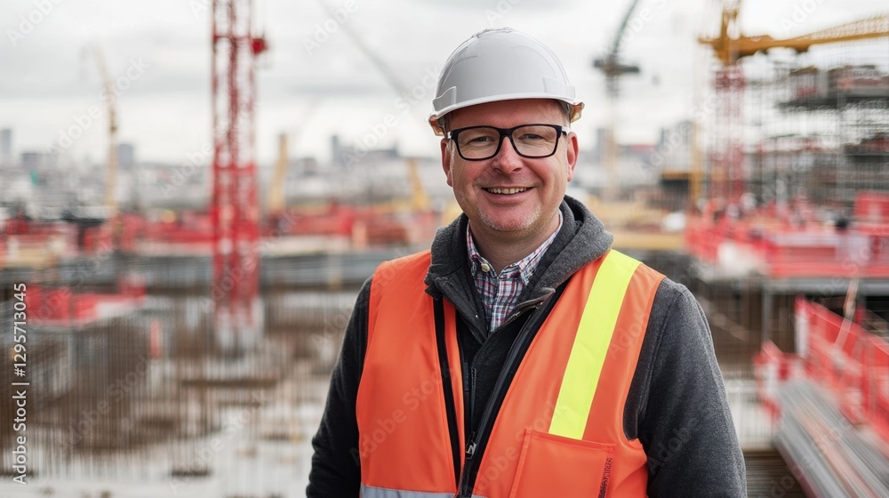 Smiling Contractor in Safety Vest with Hard Hat on a Construction Site Overlooking Urban Development with Cranes and Framework in Background Smiling Contractor in Safety Vest with Hard Hat on a Construction Site Overlooking Urban Development with Cranes and Framework in Background
