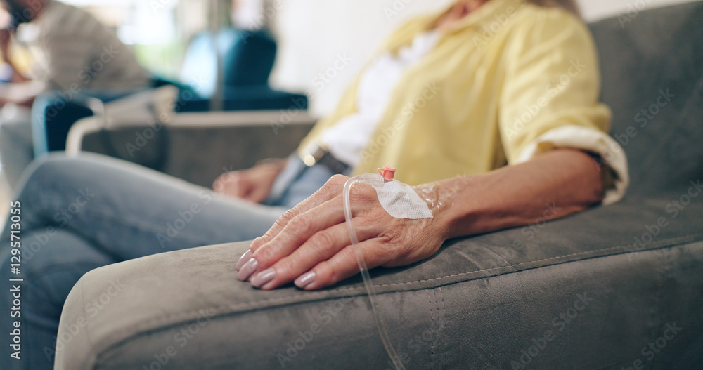 Naklejka premium Healthcare, hands and senior woman with iv drip in a hospital for cancer, treatment or chemotherapy. Catheter, fluid and elderly female patient at a wellness clinic for kidney dialysis treatment