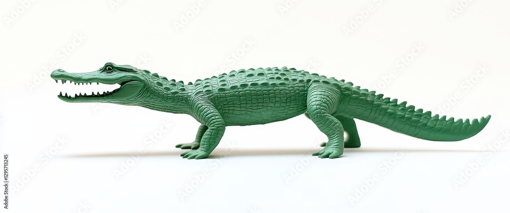Fototapeta premium Realistic Green Plastic Alligator Toy with Detailed Texture and Sharp Teeth, Ideal for Playtime, Educational Activities, and Creative Imaginative Scenarios