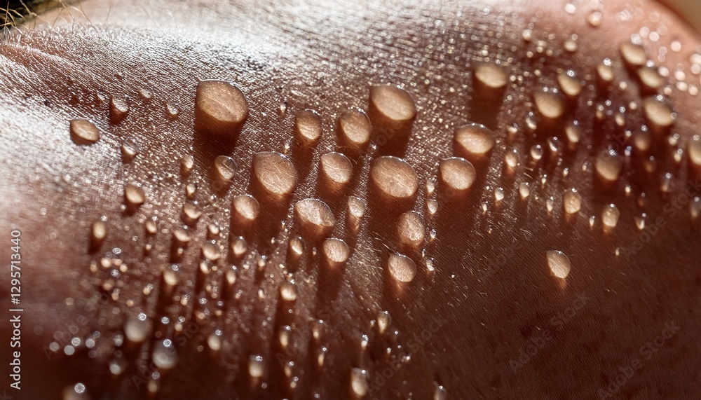 The minuscule sweat droplets forming on human skin under intense heat, highlighting the body’s natural response to temperature with intricate, glistening details. The minuscule sweat droplets forming on human skin under intense heat, highlighting the body’s natural response to temperature with intricate, glistening details.