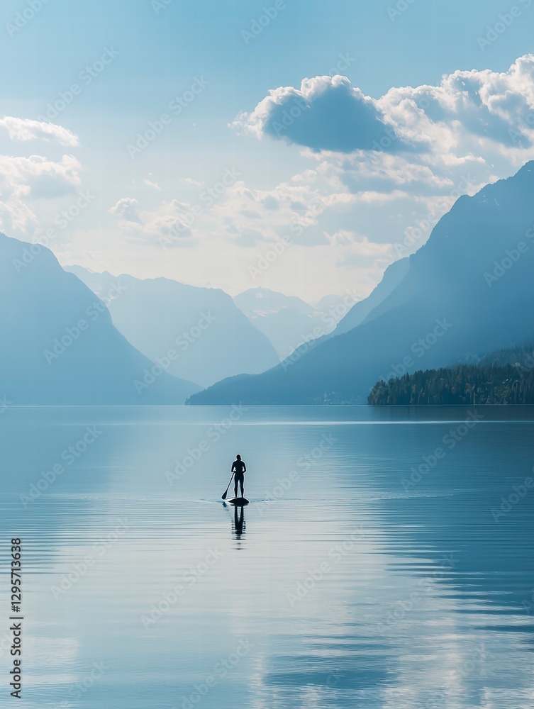 Serene Paddleboarding on a Misty Lake: Silhouette of person paddleboarding on a calm lake surrounded by majestic mountains, creating a tranquil and contemplative scene. Serene Paddleboarding on a Misty Lake: Silhouette of person paddleboarding on a calm lake surrounded by majestic mountains, creating a tranquil and contemplative scene.