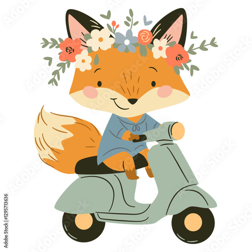 Flat vector illustration in a simple children's style. Cute fox riding on scooter with wreath of flowers, cheerful spring illustration . Vector illustration