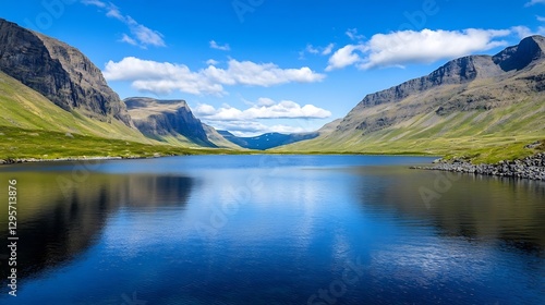 Breathtaking landscape of serene lake surrounded by majestic mountains under a blue sky : Generative AI