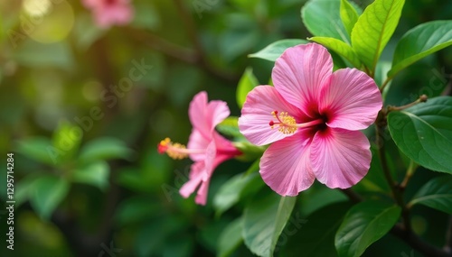 Pink hibiscus arborescens flowers blooming on a garden tree branch, leafy green foliage, pink blooms