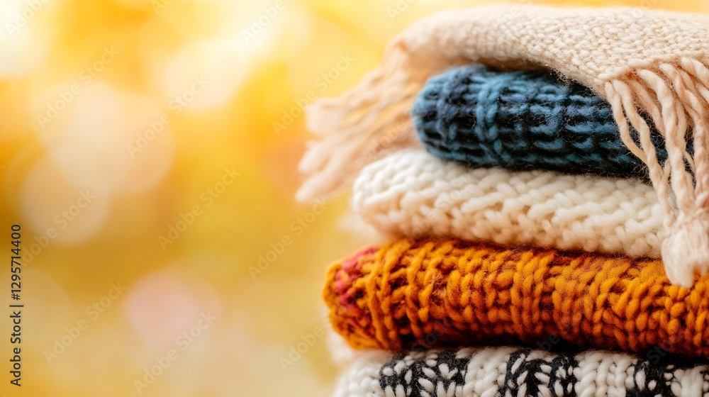 Colorful Stacked Knitted Throws with Cozy Warm Background Bokeh : Generative AI Colorful Stacked Knitted Throws with Cozy Warm Background Bokeh : Generative AI