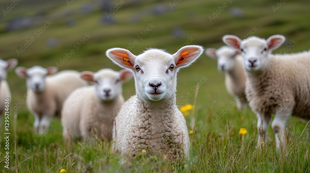 Curious Sheep Staring at the Camera in a Green Pasture : Generative AI Curious Sheep Staring at the Camera in a Green Pasture : Generative AI