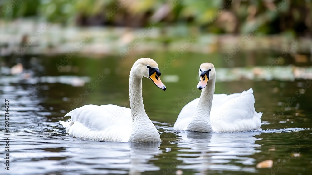 Elegant swans gracefully gliding on a serene lake surrounded by lush greenery : Generative AI Elegant swans gracefully gliding on a serene lake surrounded by lush greenery : Generative AI