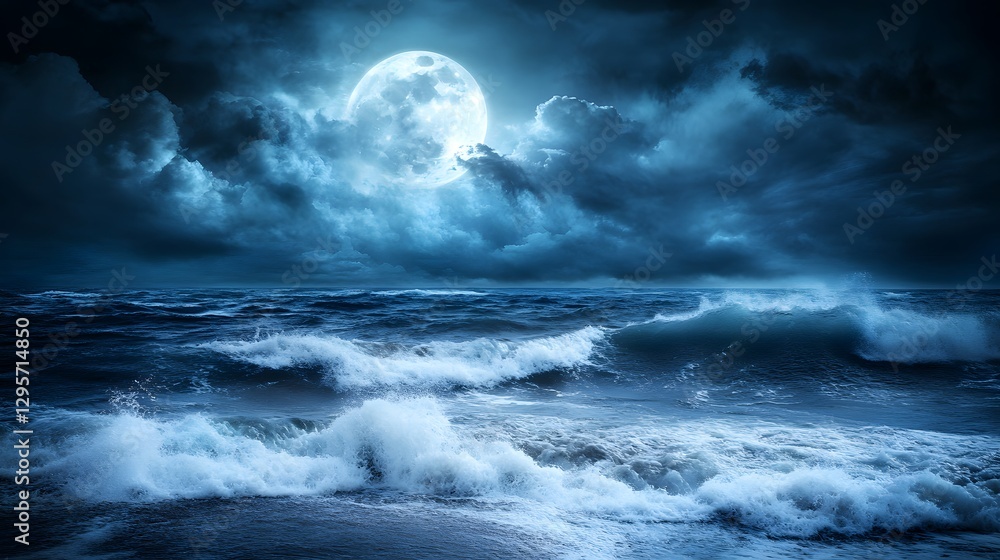 Fototapeta premium Dramatic night seascape under a full moon with turbulent waves and dark stormy clouds