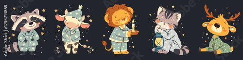 A set of cute flat vector illustrations in a simple childish style. Cute sleepy animals in pajamas with lamps and candles. Raccoon cow kitten deer and lion on dark background with stars . Vector