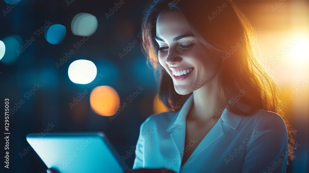 Obraz premium Radiant Businesswoman Smiling While Using Tablet in Dimly Lit Setting