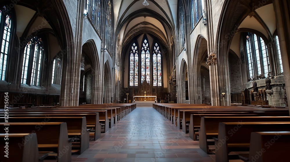 Stunning Interior of a Gothic Style Church with Sunlight Streaming Through Stained Glass Windows : Generative AI Stunning Interior of a Gothic Style Church with Sunlight Streaming Through Stained Glass Windows : Generative AI