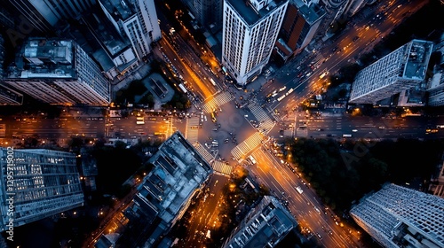 Aerial view of a vibrant city intersection displaying illuminated streets skyscrapers and dynamic traffic patterns at night : Generative AI photo