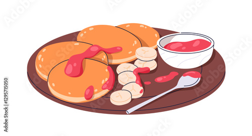 Pancakes with jam and banana. American pan cakes, sweet dessert served on plate with berry sauce, fruit. Traditional breakfast food, meal, dish. Flat vector illustration isolated on white background
