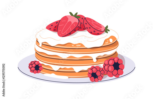 Pancakes stack with berries and cream. Pan cakes with raspberries, strawberries. Dessert served on plate with topping. Traditional breakfast food. Flat vector illustration isolated on white background