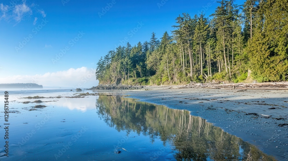 Serene Coastal Forest Reflection on Calm Ocean Waters Serene Coastal Forest Reflection on Calm Ocean Waters