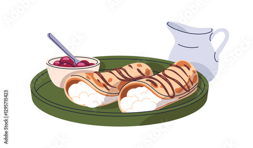 Crepes with ricotta. Sweet pancakes stuffed with curds filling, served on plate with chocolate drizzle, berry jam, syrup. Breakfast food, dessert. Flat vector illustration isolated on white background