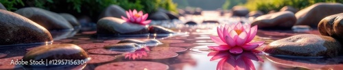 Pink pebbled riverbed with smooth stones and water lilies, flowing, water, wet