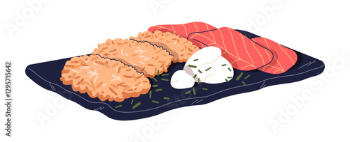 Hash brown with salmon. Crispy potato pancakes served on plate with red fish and sauce. Hashbrown, gourmet meal. Delicious dish, cooked food. Flat vector illustration isolated on white background
