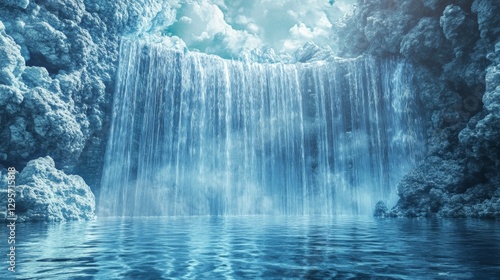 Serene Cascade of Azure Water Reflecting a Stunning Cloudy Sky