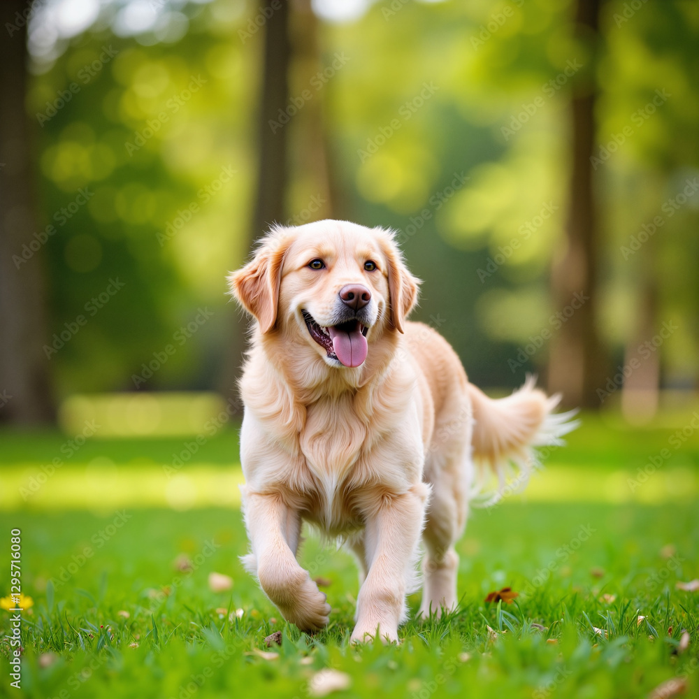 Golden retriever walking in a lush green park Golden retriever walking in a lush green park