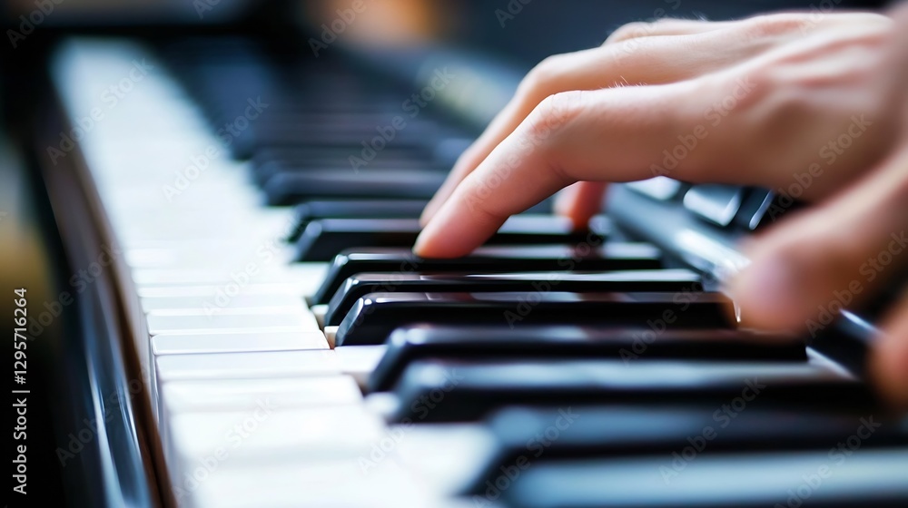 Obraz premium Closeup view of a hand playing on black and white piano keys highlighting musical skill and passion for music : Generative AI