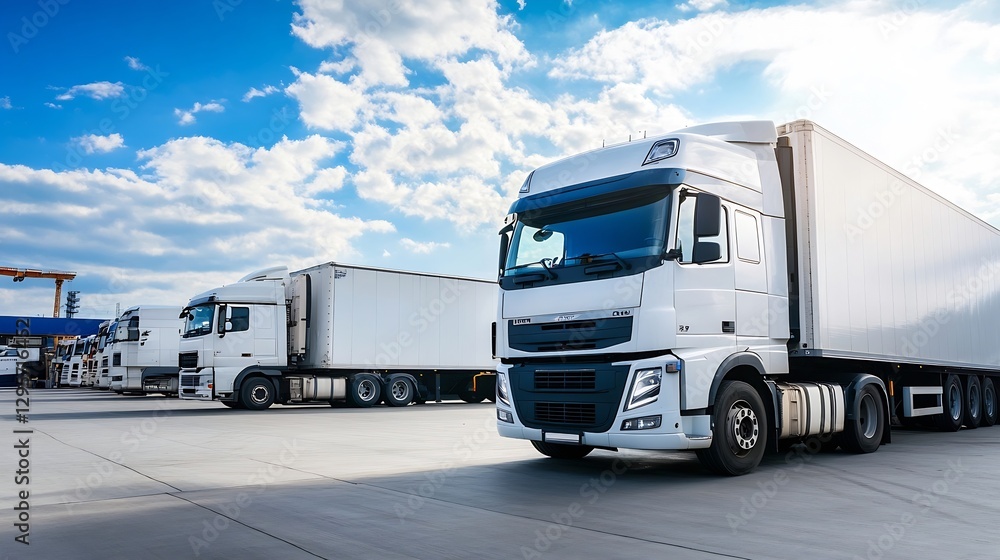 Fleet of large delivery trucks parked under a bright sky at an industrial warehouse facility : Generative AI Fleet of large delivery trucks parked under a bright sky at an industrial warehouse facility : Generative AI