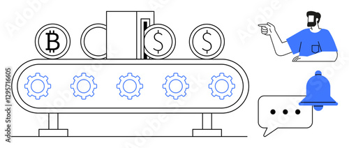 Conveyor belt with cogs, cryptocurrency, and dollar coins being processed. Person pointing, speech bubble, and notification bell suggest communication and updates. Ideal for finance, cryptocurrency