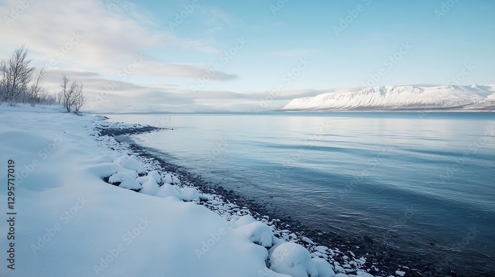 Obraz premium Calm winter lake surrounded by snowcovered hills under clear sky and soft clouds : Generative AI