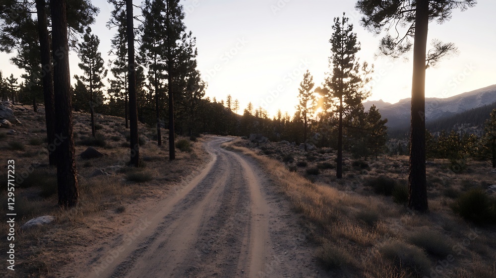 Tranquil Dirt Road Leading Through Trees at Sunset in a Peaceful Setting : Generative AI Tranquil Dirt Road Leading Through Trees at Sunset in a Peaceful Setting : Generative AI