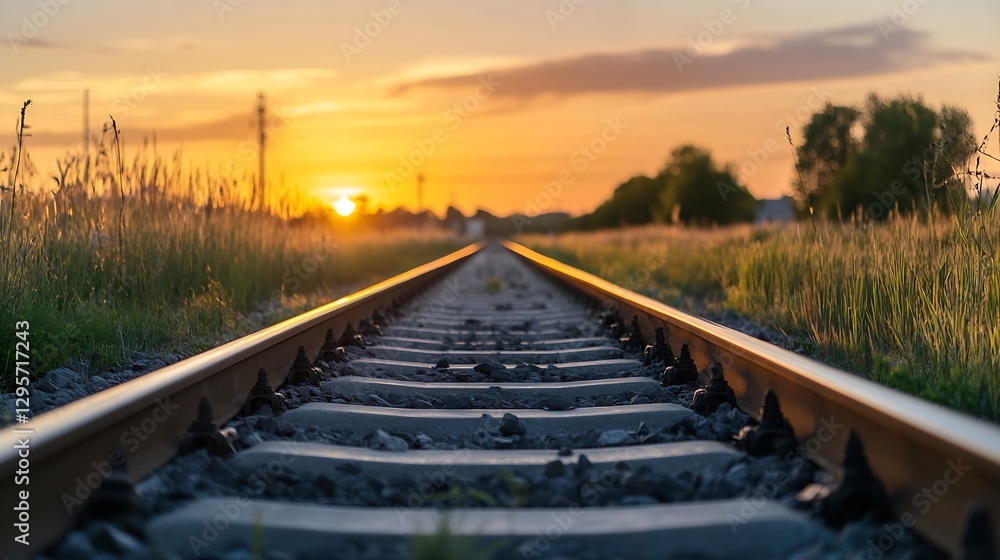 Picturesque Sunset View Over Railway Tracks Surrounded by Lush Fields : Generative AI Picturesque Sunset View Over Railway Tracks Surrounded by Lush Fields : Generative AI