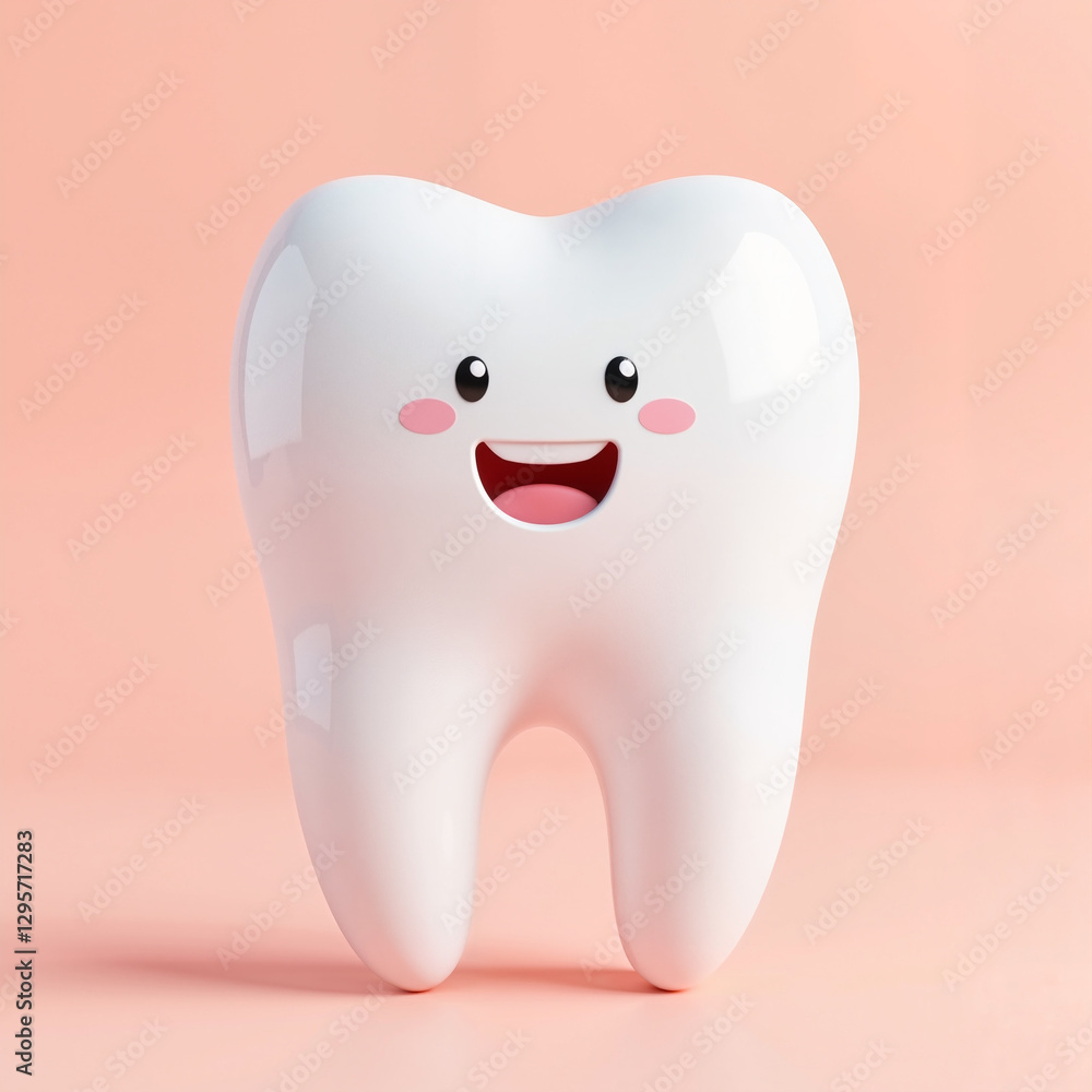 Close-up of a healthy tooth with a happy cartoon face, subtle highlights on the surface, on a soft pastel background Close-up of a healthy tooth with a happy cartoon face, subtle highlights on the surface, on a soft pastel background