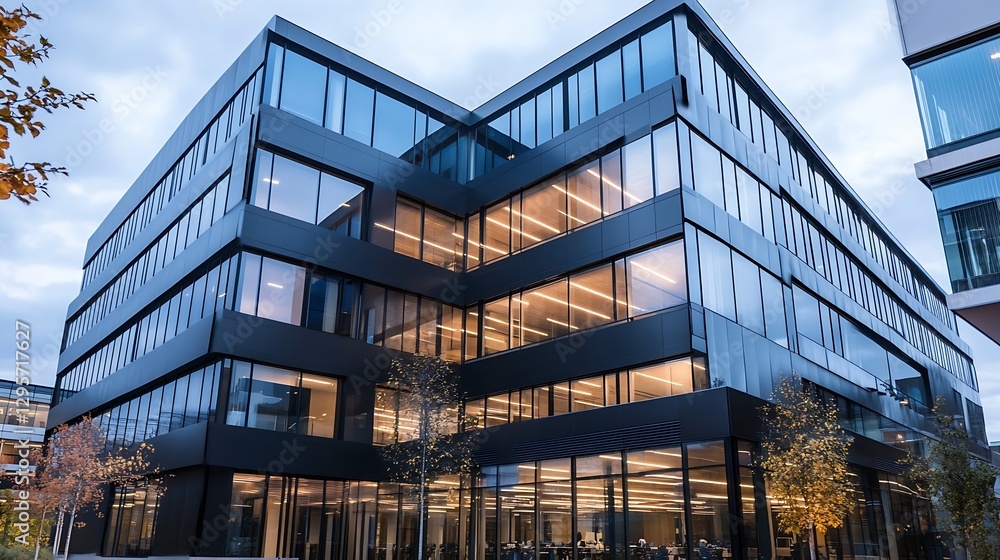 Fototapeta premium Modern Architectural Design of a Business Building with Sharp Angles and Glass Facade : Generative AI