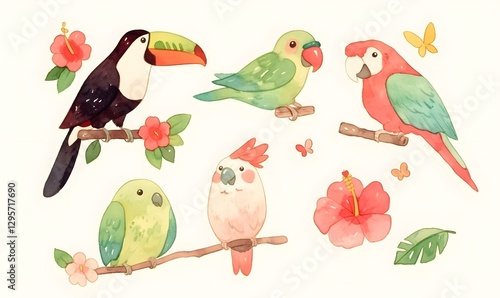 Tropical birds, watercolor drawing, Generative AI